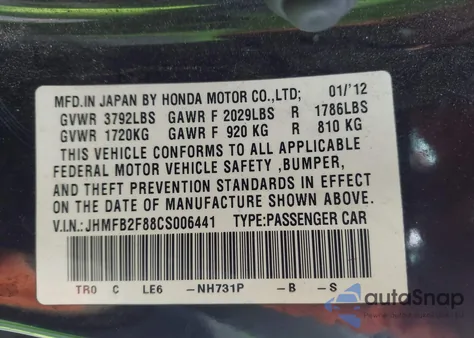 2012 Honda Civic Ex из США, поврежденный, VIN JHMFB2F88CS006441